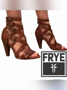 Frye Mika Embossed Leather Strappy Heel gladiator-style Sandals size 9